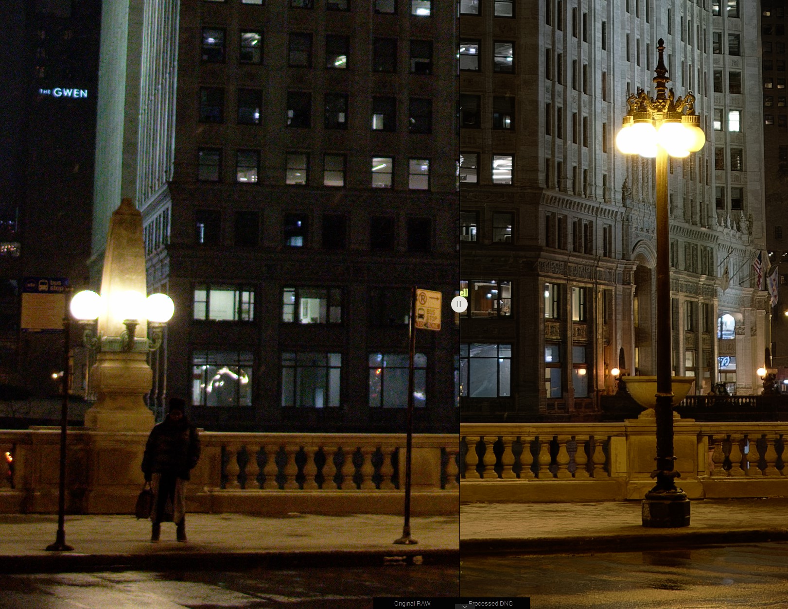 A woman waits for the bus on upper Wacker drive at night in Chicago, while it snows.