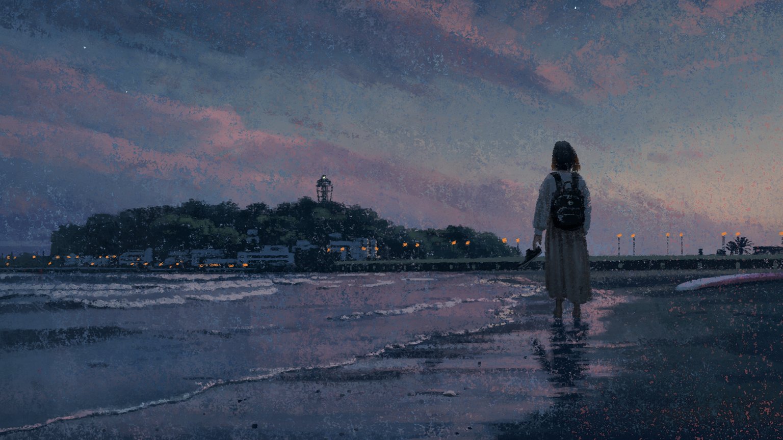 A painting of a woman in a skirt holding her shoes on the coast of Enoshima, looking towards the island.